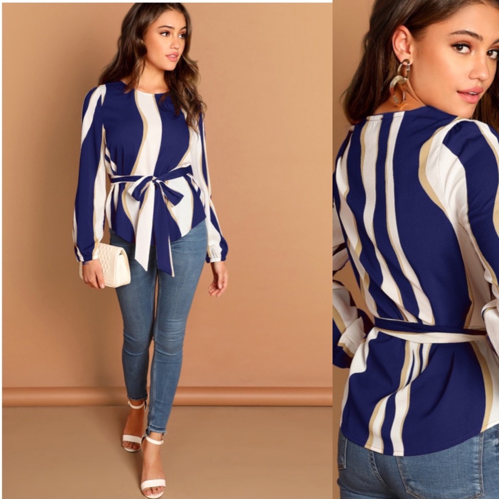 BLUE STRIPED BELTED WAIST TOP - Picture 3 of 3